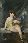 Douglas Volk Young Girl in Yellow Dress Holding her Doll oil